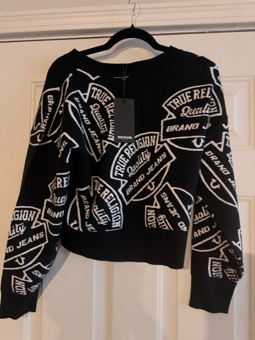 True Religion Jet Black & White Jacquard Sweater; crop.